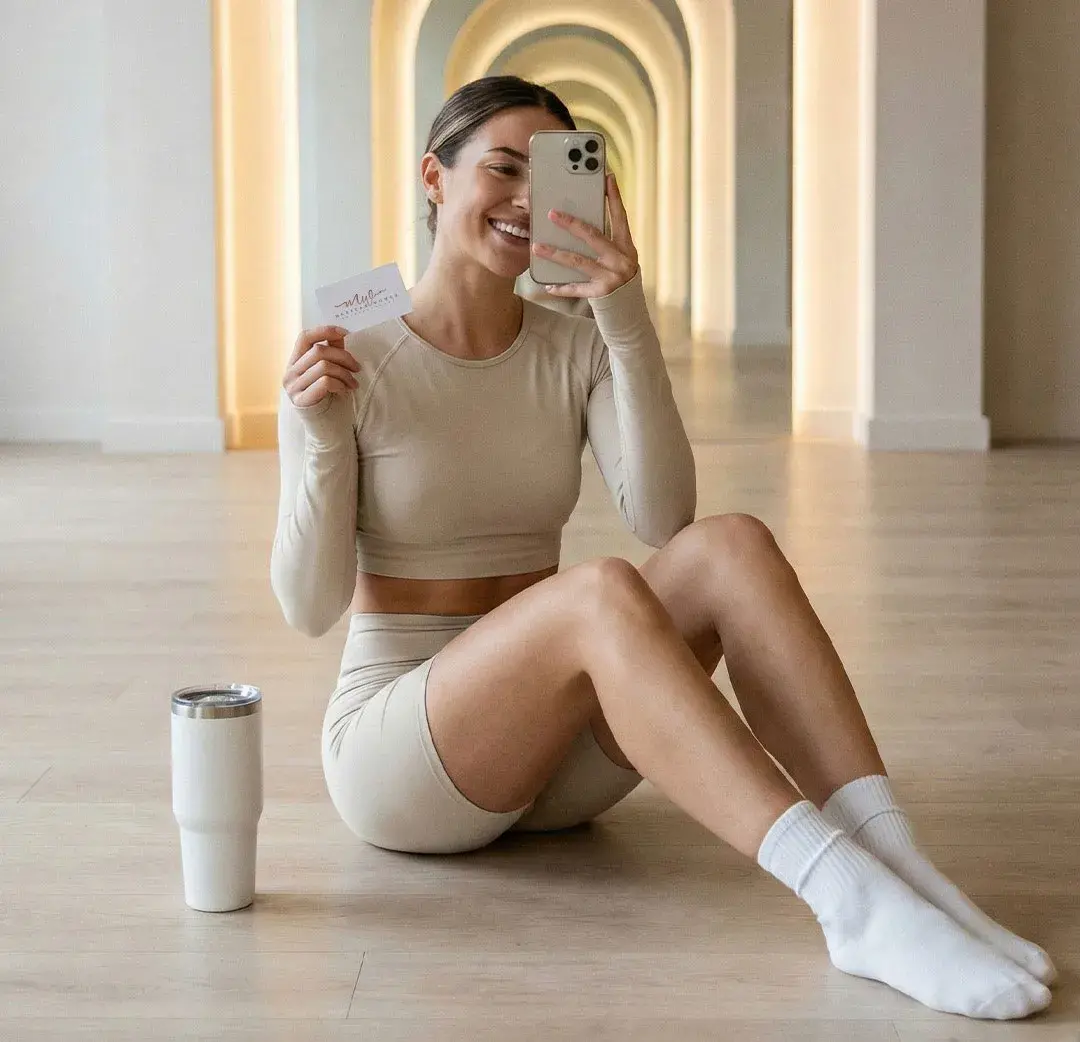 Mujer joven sentada en un pasillo blanco iluminado, tomándose una selfie con su celular con ropa casual y cómoda.
