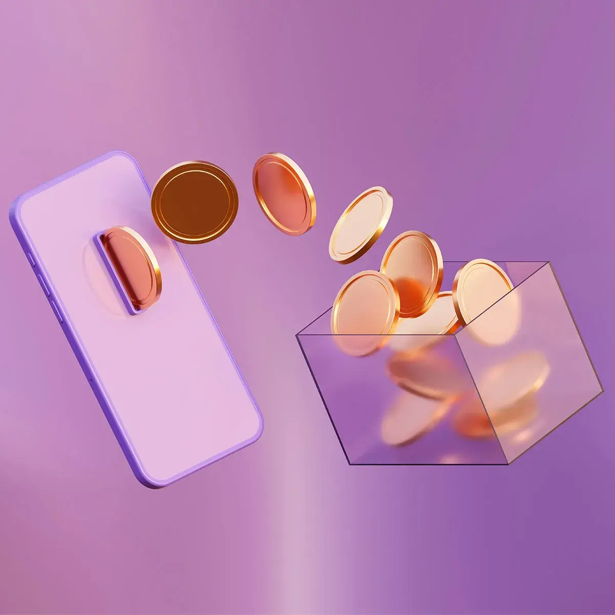 Ilustración conceptual con monedas flotantes sobre fondo morado, ideal para una guía emocional y estratégica de finanzas.