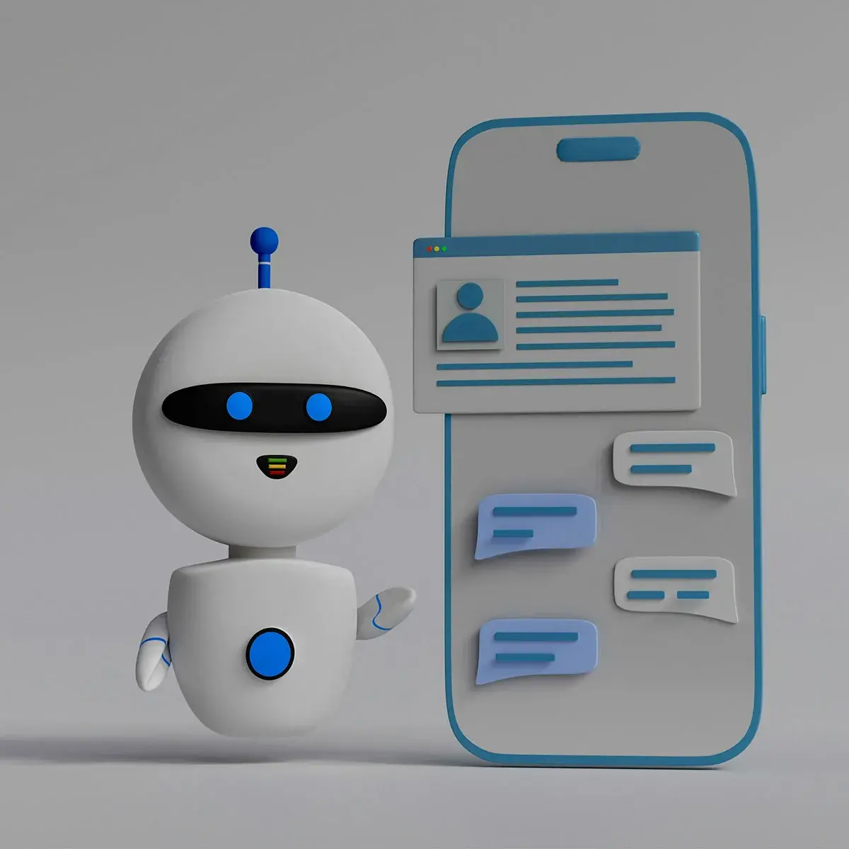 Ilustración 3D de un robot amigable sosteniendo un teléfono inteligente mostrando un chat de servicio al cliente, representando soluciones de IA para atención al cliente para emprendedoras.